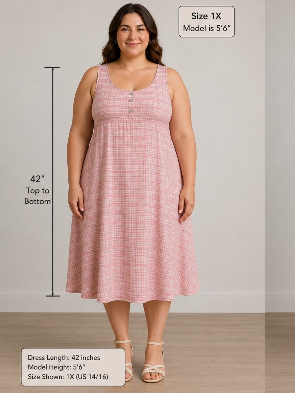 Pink Plaid Sleeveless Button Front A-Line Dress 1XL US 14/16